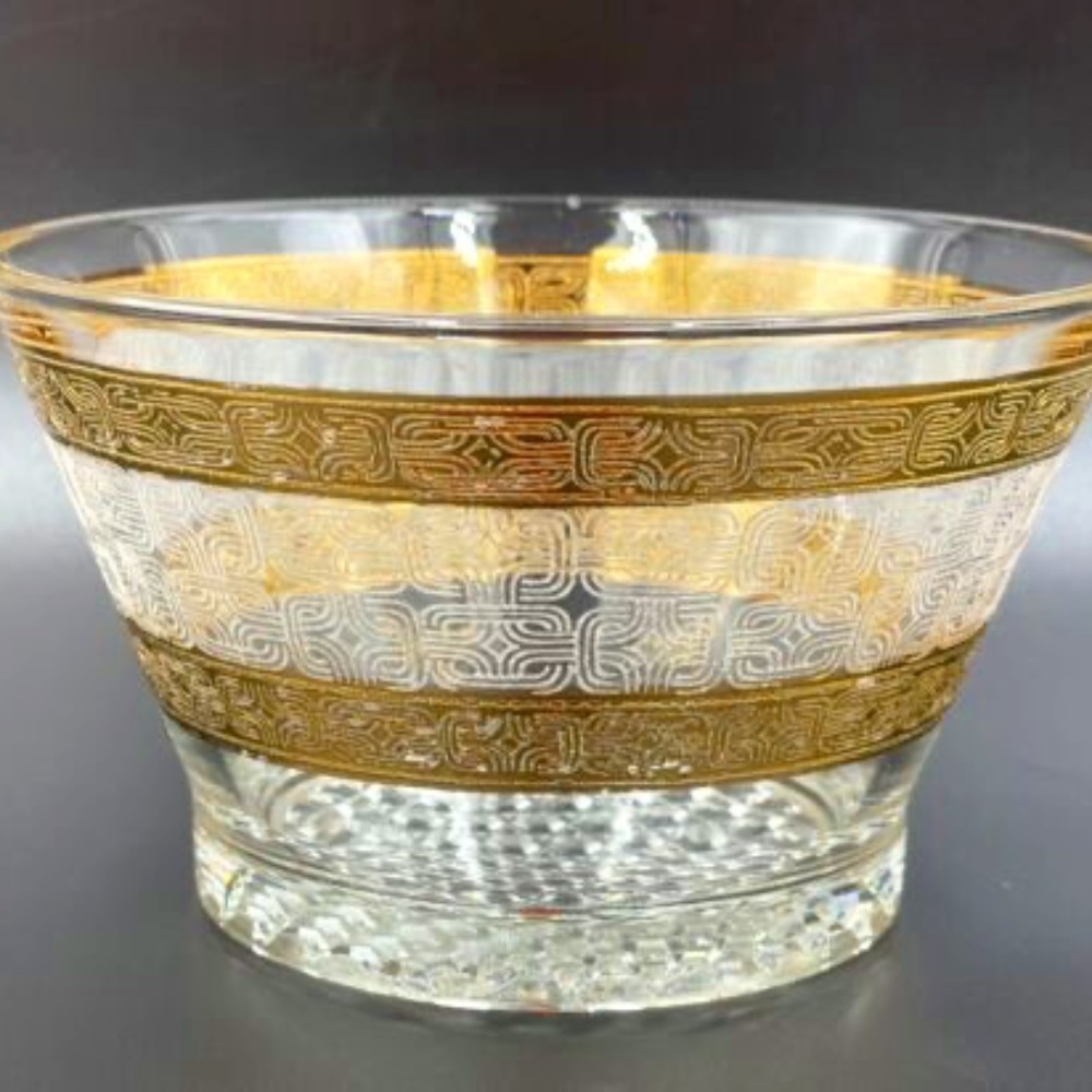 Mid Century Glass Chips Bowl w/ Gold & Clear Etched Design Decorated Base